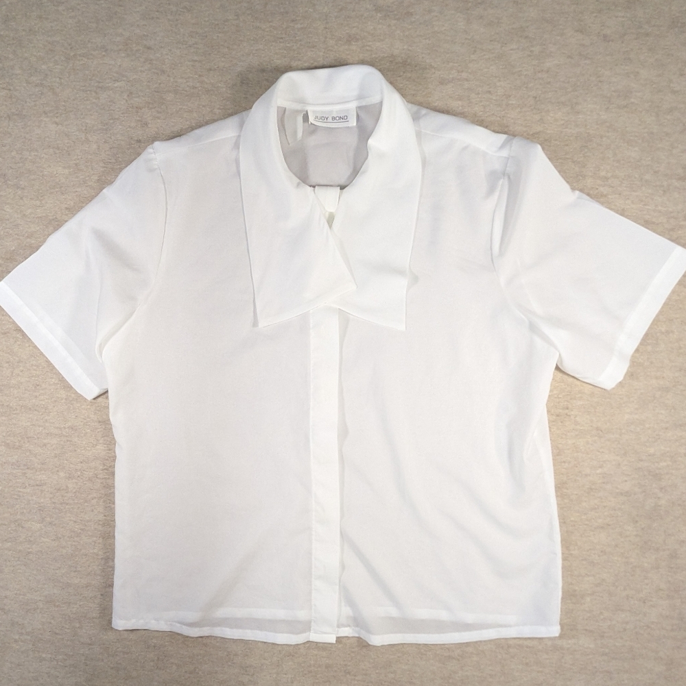 Vintage Judy Bond White Chiffon Blouse Bow Tie Neck Button Up Cottagecore XL